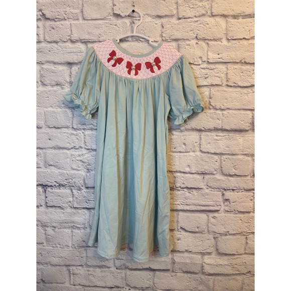 NWT Abby & Evie Girls Smocked Bishop Dress Bows Pearl Accents Size 7 - Picture 2 of 6